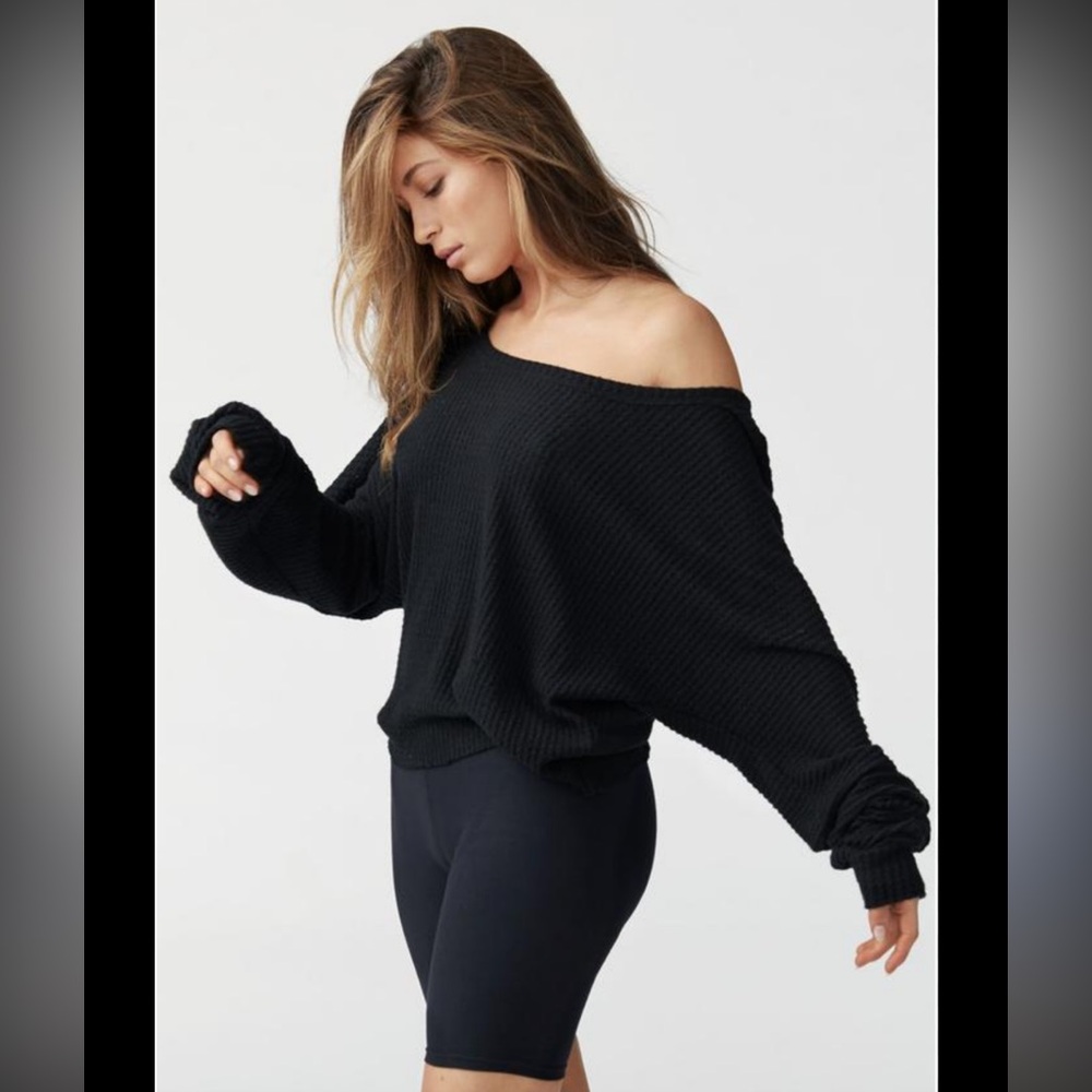 Joah Brown Black Off-Shoulder Waffle Knit Top